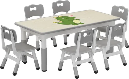 Vista 11 de Juego de mesa y 4 sillas para niños, mesa y sillas ajustables en altura para niños de 2 a 10 años, escritorio con graffiti, patas antideslizantes
