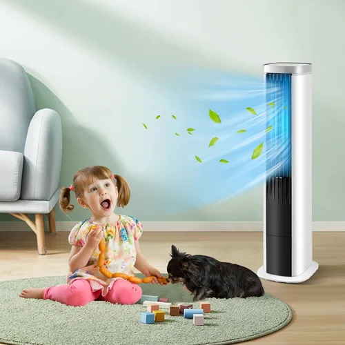 Vista 9 de GOFLAME Enfriador de aire evaporativo portátil, ventilador de refrigeración de aire 3 en 1 con control remoto, 4 velocidades de viento, función
