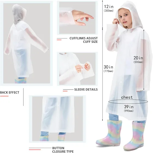 Vista 3 de Ponchos de lluvia para niños, paquete de 2 impermeables reutilizables de EVA con botón para ajustar el tamaño del puño