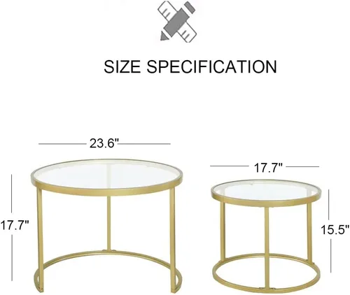 Vista 2 de Juego de 2 mesas de centro anidadas doradas, pequeñas mesas anidables de vidrio para sala de estar, dormitorio, mesa de té decorativa con marco