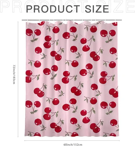 Vista 6 de KOMIKU Juego de cortina de ducha estética de frutas con diseño floral de cereza rosa, decoración de baño de frutas de verano, de poliéster, lona