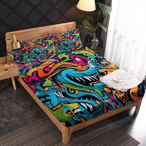 Vista 2 de Graffiti Sheets - Juego de sábanas tamaño individual, sábanas de microfibra suave, bolsillo profundo, sábanas y fundas de almohada estampadas sin