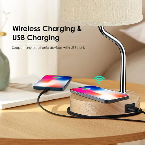 Vista 2 de Juego de 2 lámparas inteligentes de mesita de noche con cargador inalámbrico y puerto USB, lámpara LED de escritorio con control táctil