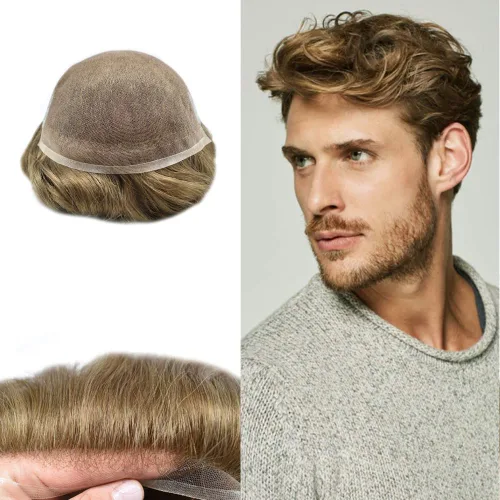 Vista 31 de Tupé para hombre Remy pieza de cabello humano para hombres encaje tupé para hombres nudo blanqueado sistema de reemplazo de cabello para hombre #1
