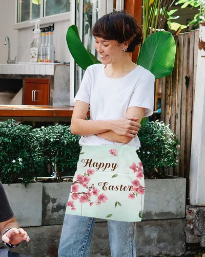 Vista 4 de Delantal de camarera floral con bolsillos, diseño floral de huevo de Pascua, conejo, cintura de mosca, media cocina, barbacoa, parrilla, chef