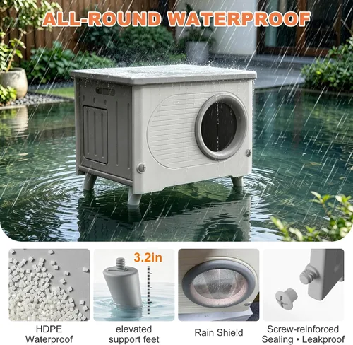 Vista 4 de Casa para gatos al aire libre, resistente a la intemperie, refugio para gatos con puerta de escape y solapa de puerta de PET, apilable elevado