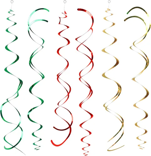 Vista 2 de Mefuny Paquete de 30 decoraciones de espirales colgantes dorados, verdes y rojos, serpentinas de plástico para fiestas, decoración de techo, boda