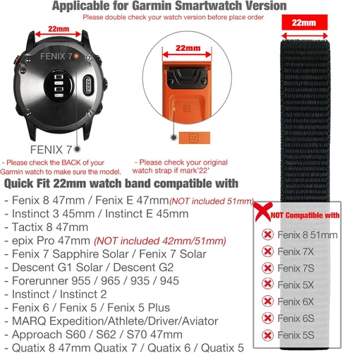 Vista 3 de Abanen Banda de reloj con gancho y bucle de secado rápido para Fenix 8 47mm/ epix Pro 47mm / Fenix 7/6/5, Correa de muñeca ultraligera de nylon Negro
