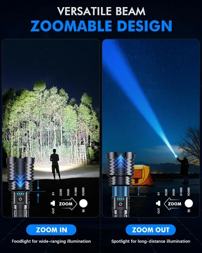Vista 4 de Linternas LED recargables superbrillantes de 2500,000 lúmenes altos, linternas de alto lúmenes de hasta 25 horas de larga vida Zoomable 5 modos