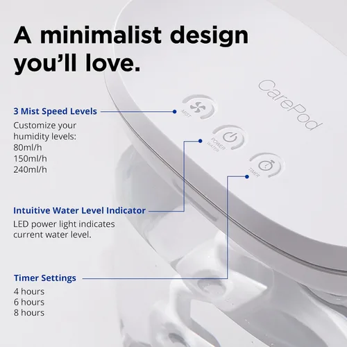 Vista 4 de Carepod Mini 21P Humidificador Ultrasónico de Bruma Fría Silencioso Sin Filtro Fácil de Limpiar - Solo 3 Piezas Lavables para Limpiar, Apagado