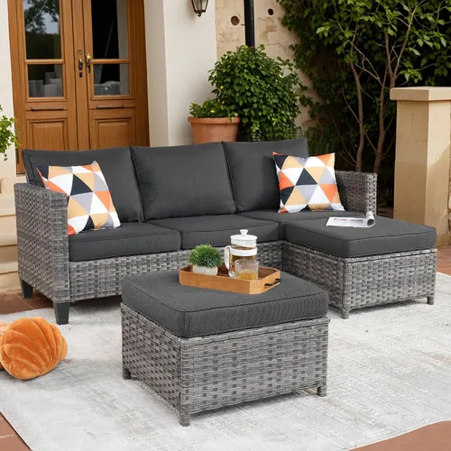 Vista 12 de ovios Sofá de patio de 3 piezas, juego de muebles de patio al aire libre, sofá de mimbre con otomanas gruesas cojines, juego de conversación de Beige