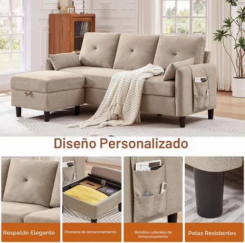 Vista 3 de Juego de sofá seccional, sofá convertible de 77 pulgadas y silla decorativa de 35 pulgadas, sofá pequeño en forma de L de 3 asientos con otomana