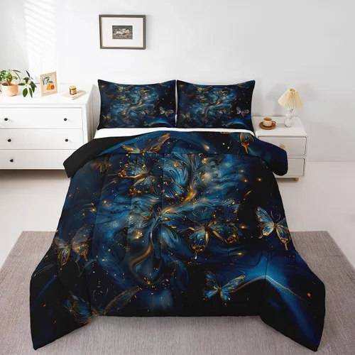Vista 9 de Erosebridal Juego de ropa de cama de calavera gótica, flores mandala, mariposa hippie para niñas y niños, edredón de esqueleto de la muerte de Negro
