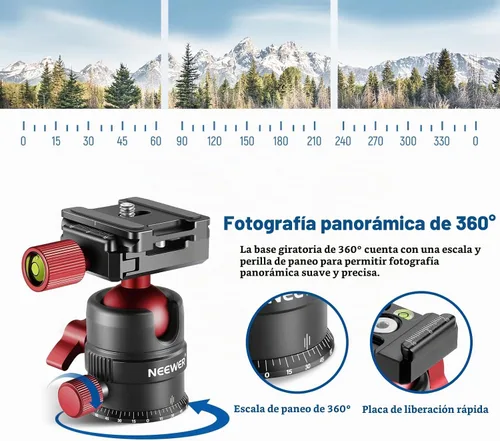 Vista 2 de NEEWER Cabezal de trípode, cabezal de bola panorámica giratoria de 360° con placa de zapata rápida de 1/4 pulgadas para trípode monopie deslizante