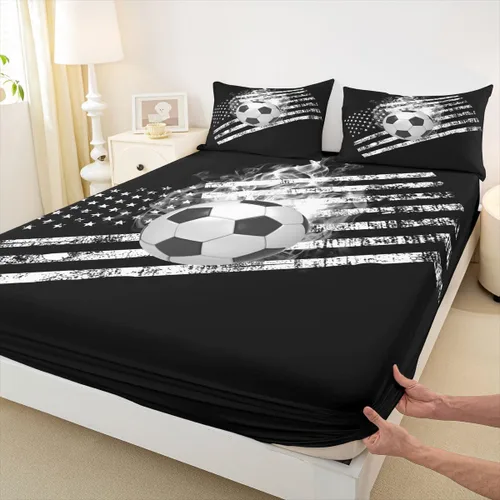 Vista 7 de Juego de sábanas de fútbol tamaño individual para niños y niñas, juego de sábanas de bandera estadounidense, juego de ropa de cama con bandera