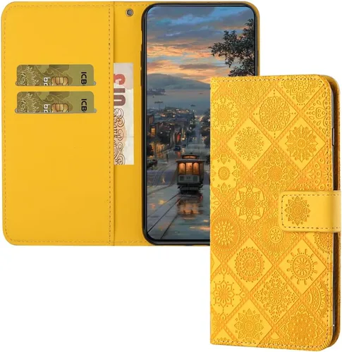 Vista 8 de Funda compatible con iPhone 12 Mini con tarjetero de cuero con tapa abatible, estampado retro con función atril, funda protectora magnética
