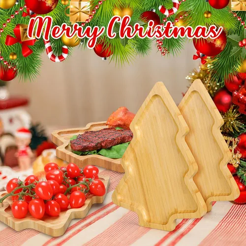 Vista 3 de Sliner 4 platos de Navidad con forma de árbol de Navidad, bandeja de madera para aperitivos, bandeja de dulces de madera en forma de árbol