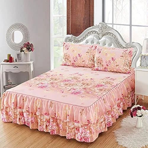Vista 3 de Falda de sábana de cama con volantes de 2 capas, colcha de microfibra cepillada con 2 fundas de almohada, individual, rosa