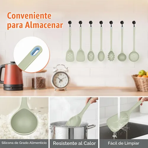 Vista 5 de Juego de 7 utensilios de silicona grandes para cocinar, sin BPA Verde