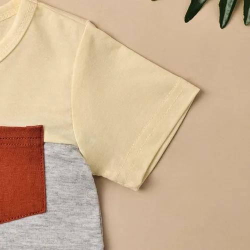 Vista 6 de Ropa para bebé niño pequeño, trajes de verano de manga corta, camiseta de retazos y pantalón con bolsillo, conjunto de 2 piezas, 12 meses a 4 años