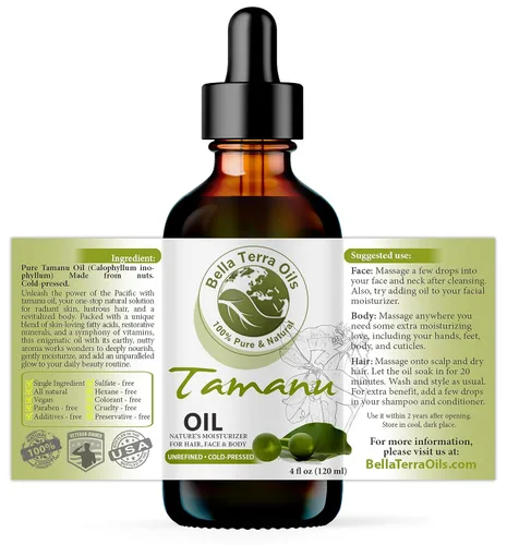 Vista 2 de Bella Terra Oils - Aceite orgánico de tamanu de 4 onzas - Prensado en frío y puro, lleno de antioxidantes y nutrientes beneficiosos, logra una piel