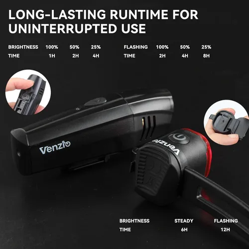 Vista 4 de Venzio Luces de bicicleta, faros y luces traseras recargables USB-C para bicicleta, luces delanteras y traseras de bicicleta de 6+2 modos