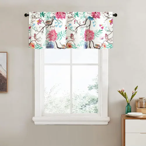 Vista 38 de VOGOL Cenefa de pájaro y bayas, decoración clásica de ventana de campo americano con estampado botánico, cortina de bolsillo para barra fácil