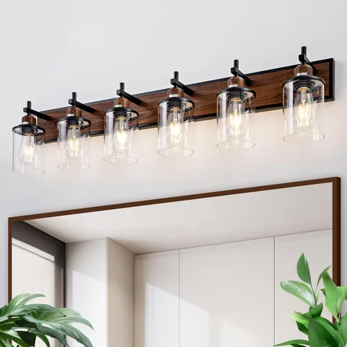 Vista 15 de Lanhall Lámpara de baño de 3 luces, estilo granja, vintage, sobre espejo, de metal pintado en madera y negro con pantalla de cristal, enchufe E26