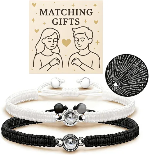 Vista 8 de 72ore Pulseras a juego para parejas, pulsera de fotos con texto en inglés "I Love You in 100 idiomas", pulseras de San Valentín, regalos para ella