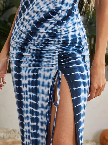 Vista 4 de Floerns Vestido largo sin mangas con cuello halter y cordón fruncido para mujer