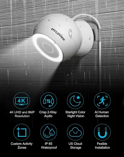 Vista 2 de LaView Cámaras de seguridad 4K de 8MP con cable para exteriores e interiores, IP65, Sensor Starlight y visión nocturna de 100 pies, detección