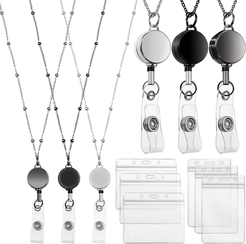 Vista 9 de Zonon Cordón Retráctil con Portaidentificación 3 Piezas Collar de Insignia con Cuentas con 6 Portarjetas Impermeables de Acero Inoxidable ID Negro