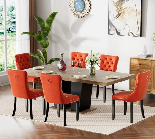 Vista 47 de Juego de mesa de comedor extensible de 63 a 79 pulgadas para 4, moderna mesa de cocina expandible con 4 sillas de terciopelo, mesa de madera gruesa