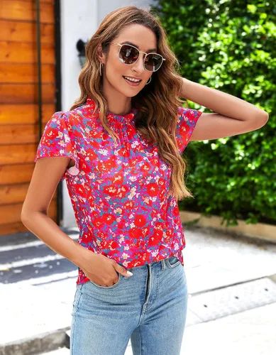 Vista 7 de SimpleFun - Blusas de verano con volantes y cuello de moca estilo bohemio para mujer, manga corta, estampado floral