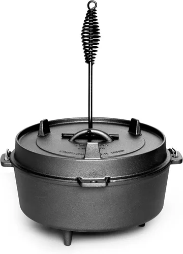 Vista 4 de EDGING CASTING Olla holandesa de hierro fundido pre-curada con tapa de sartén, olla profunda para acampar al aire libre para chimenea, cocina