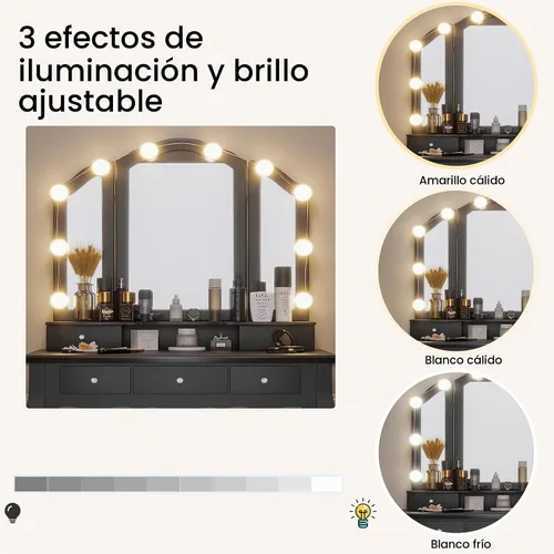 Vista 3 de Tiptiper Tocador de maquillaje con espejo y taburete triple iluminado