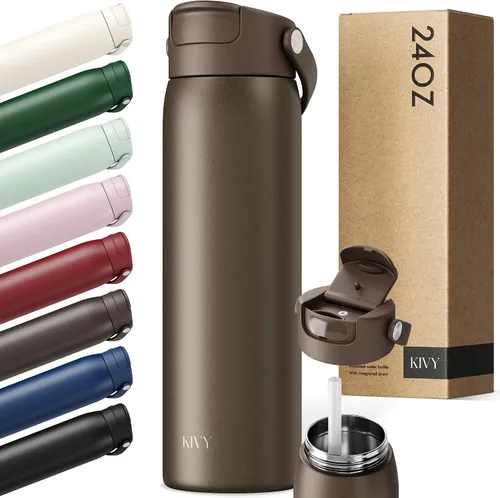 Vista 19 de KIVY Botella de agua de acero inoxidable con pajita 24oz - 24h fría 12h Rojo oscuro
