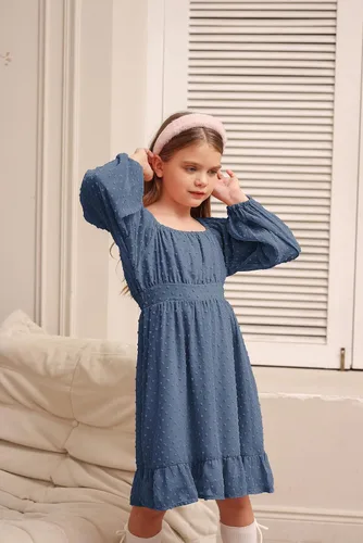 Vista 5 de GRACE KARIN Vestido escalonado con volantes para niñas, vestido acampanado de manga larga con lunares suizos, 6-14 años