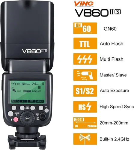 Vista 2 de Godox Flash TTL V860II-S para Sony, GN60 2.4G Speedlite para Sony HSS 1/8000s, batería de iones de litio de 2000 mAh, aproximadamente 650 destellos