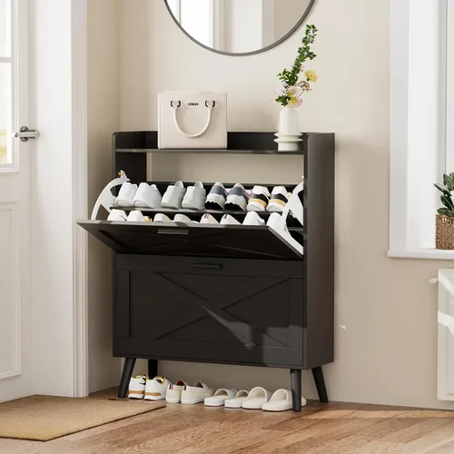 Vista 3 de Homleke Armario de Almacenamiento de Zapatos Estilo Granja de 32" de Ancho con 2 Cajones Abatibles y Diseño de Puerta de Granero, Estantes