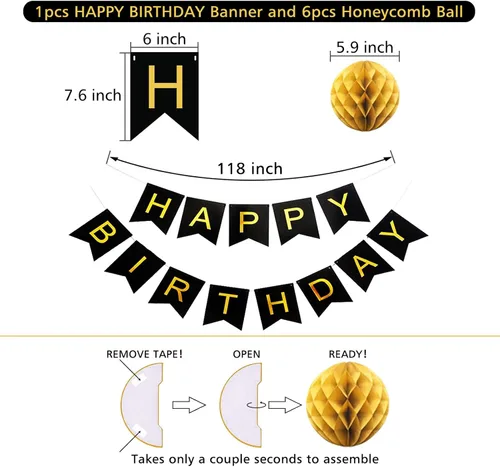 Vista 3 de Decoraciones de cumpleaños negras con pancarta de feliz cumpleaños, bolas de papel en forma de panal de abeja, guirnalda circular y decoraciones