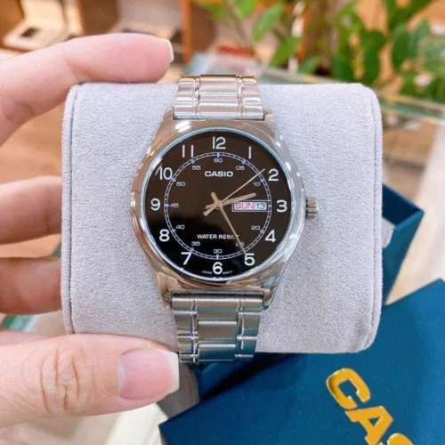 Vista 3 de Casio MTP-V006D-1B2 - Reloj analógico para hombre de acero inoxidable con esfera negra con fecha y día