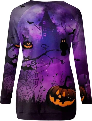 Vista 4 de Yesunpxs Camisas de manga larga para mujer, blusas de cuello redondo, casuales, holgadas, sudaderas con estampado y bolsillo