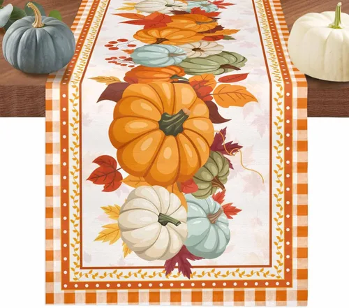 Vista 13 de Juego de 4 manteles individuales de otoño con diseño de calabaza azul, hojas florales, manteles individuales de otoño, lavables, cosecha, Acción