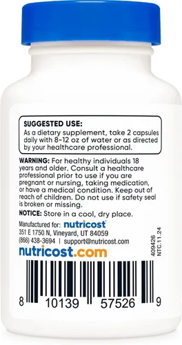 Vista 4 de Nutricost Teacrina como teacrina 100 mg por porción, 60 cápsulas, 30 Serv