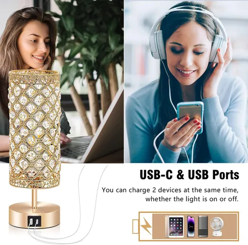 Vista 3 de Lámpara de mesa de cristal, lámpara de escritorio regulable K9 con control táctil, lámpara decorativa de cristal K9 con 2 puertos de carga USB