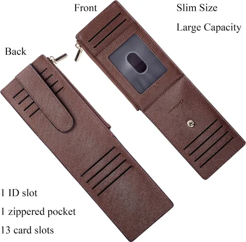 Vista 3 de Chelmon Billetera delgada para mujer, con bloqueo RFID, plegable, con bolsillo con cremallera, Marrón intenso, Minimalista