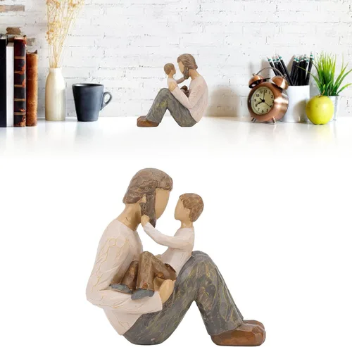 Vista 2 de Figura esculpida pintada a mano, estatua de resina de padre e hijo, aspecto realista, escultura de adorno resistente, artesanía para el hogar