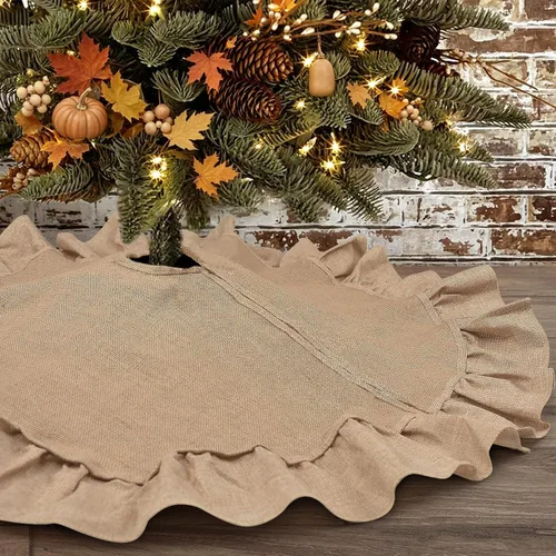 Vista 8 de Mini Falda de Arpillera para Árbol de Navidad con Borde con Volantes, Decoraciones para Árbol de Navidad Pequeño de 24 Pulgadas Ornamentos para Mesa