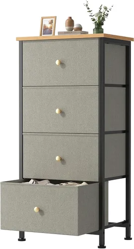 Vista 26 de Sweetcrispy Cómoda alta de tela para dormitorio, cómoda delgada de 6 cajones, torre de almacenamiento estrecha con parte superior de madera y marco